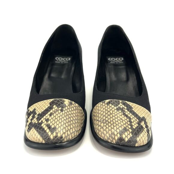 Coca By Maraolo Block Heel Pump Size 8.5 Black Fabric/Snake Print Leather Padded - Picture 9 of 16